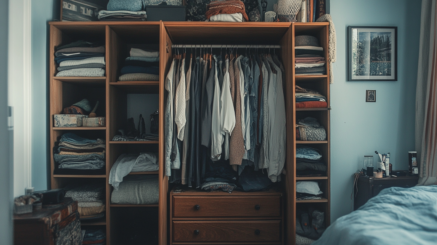 Open wardrobe with visible dust and clutter on shelves, showing one of its drawbacks.