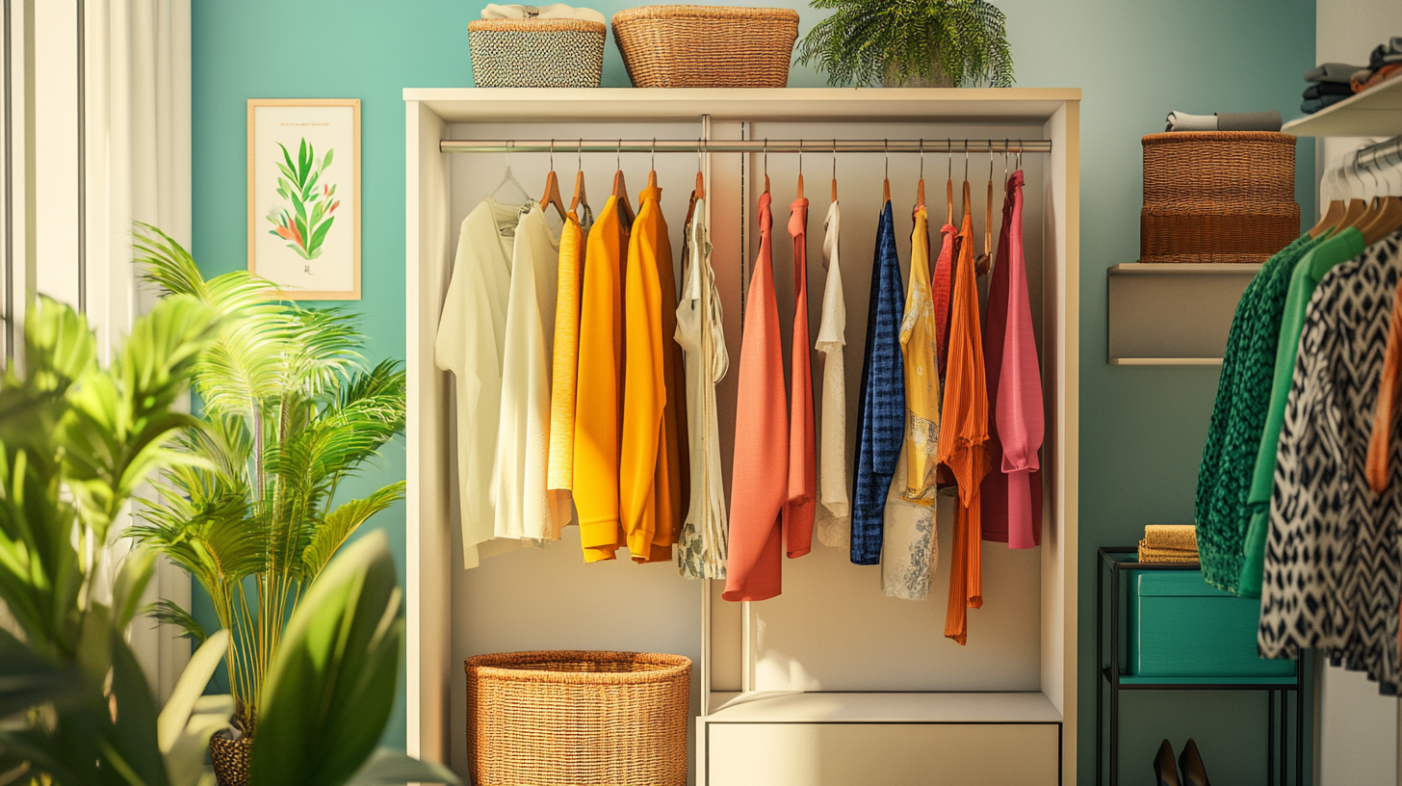Stylish open wardrobe with personalized décor, including plants, baskets, and color-coordinated clothes.