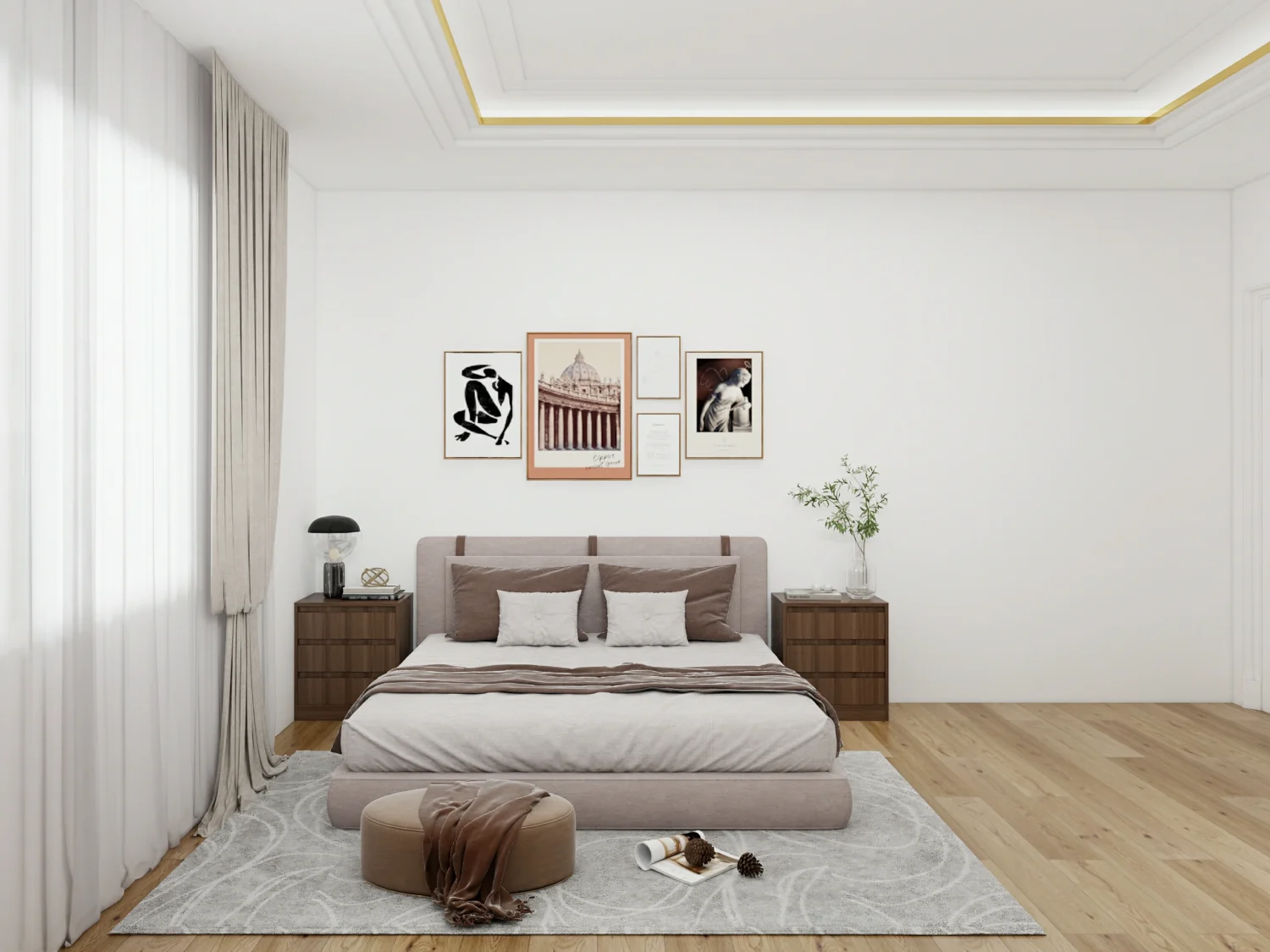Grid-patterned headboard wall in a modern master bedroom.