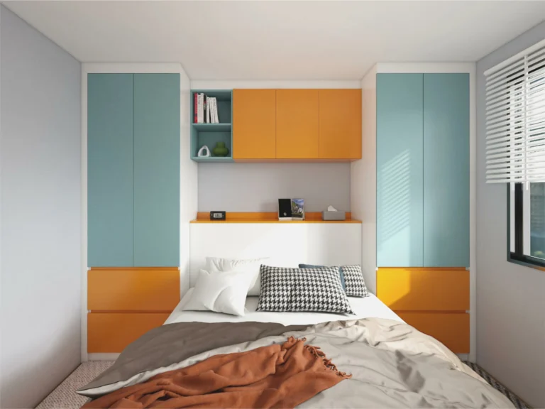 Small wardrobe with pops of color in the handles and accents for a playful touch.