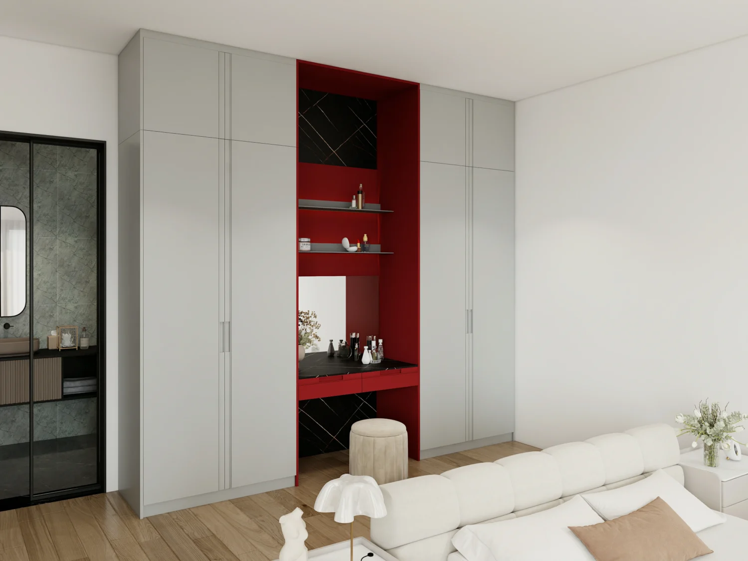 Modern wardrobe designs for bedroom with red niche, grey cabinets, shelves, vanity, and mirrored doors.