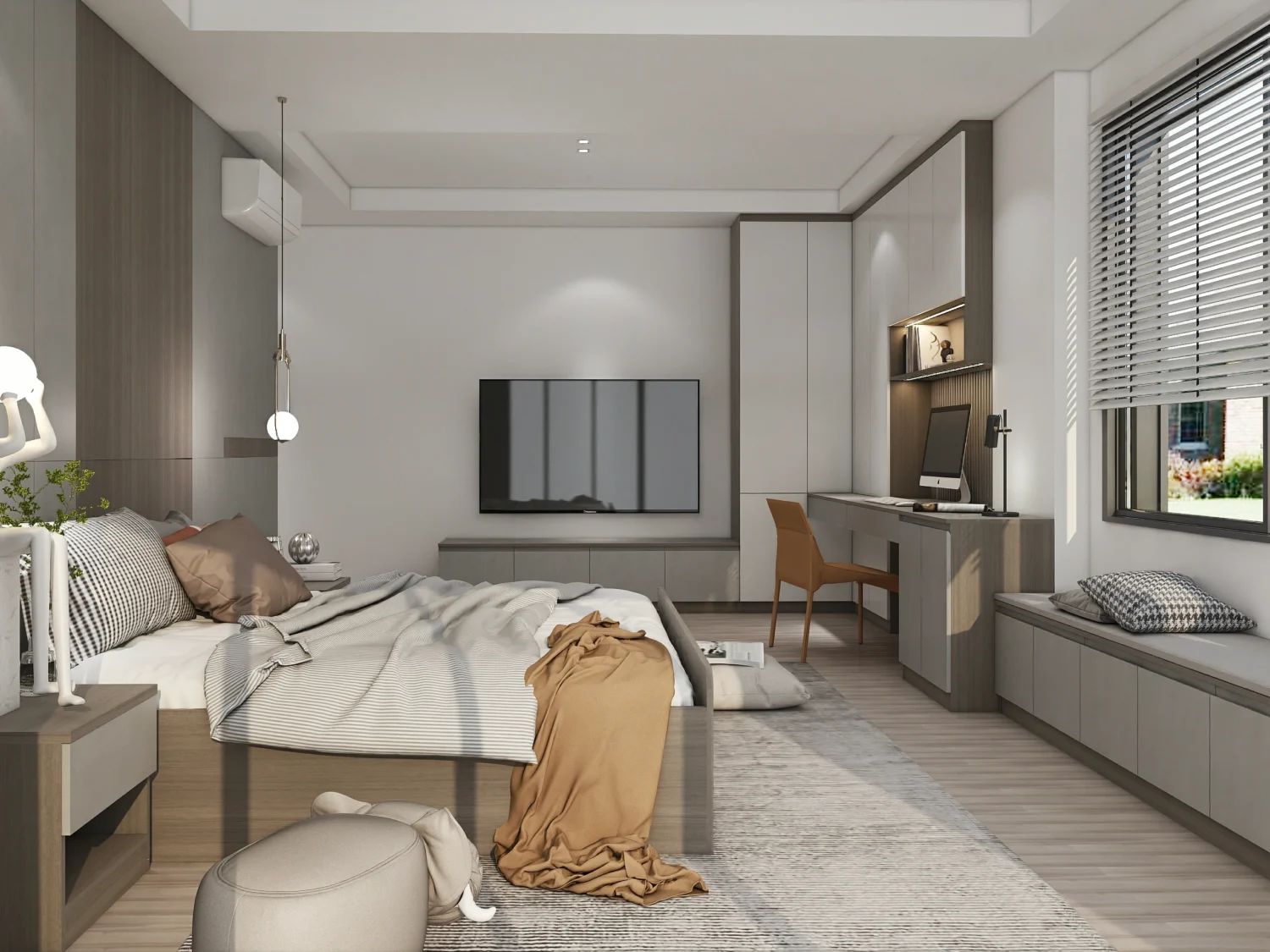Integrated wardrobe and vanity in a compact master bedroom.