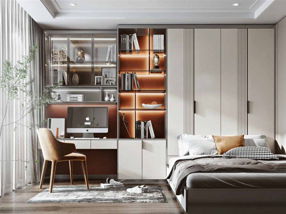 Multi-functional features in a modern wardrobe, such as a fold-out desk or mirror.