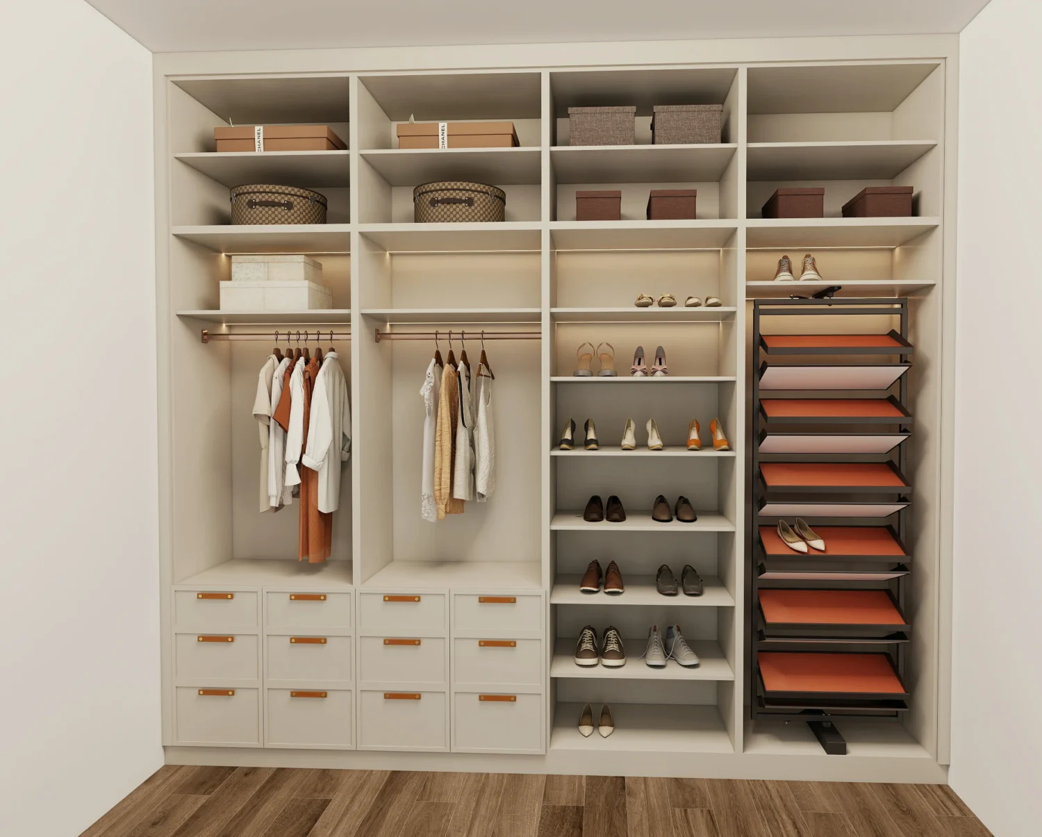 Customizable dividers inside a modern wardrobe for organized and efficient storage.