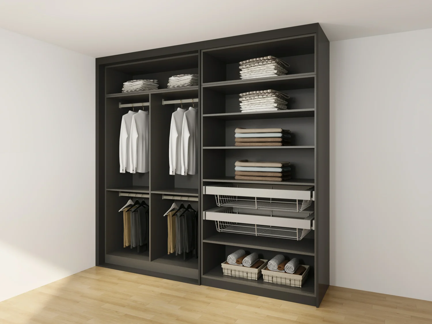 Open wardrobes for bedroom showing hidden zones with pull-out baskets, adjustable shelves, and hanging rails.