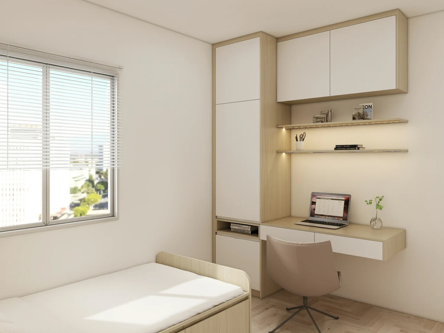 Wardrobe for small bedroom with floating desk, overhead cabinets, LED shelves, light wood finishes.