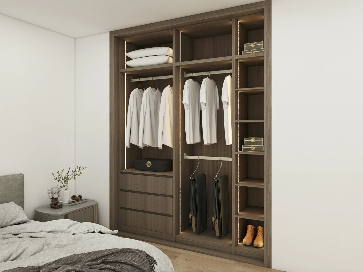 Maximizing Small Wardrobe Space: Space-Saving Tips & Clever Organization 8 Built-in shelves inside a small wardrobe for organized storage of accessories.