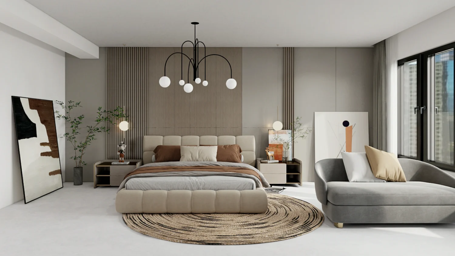 Soft-curved furniture in a cozy master bedroom design.