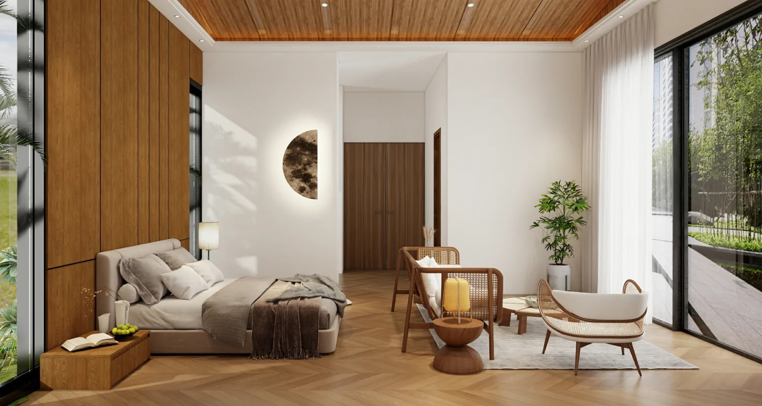 Wooden furniture and linen curtains in a master bedroom with natural materials.