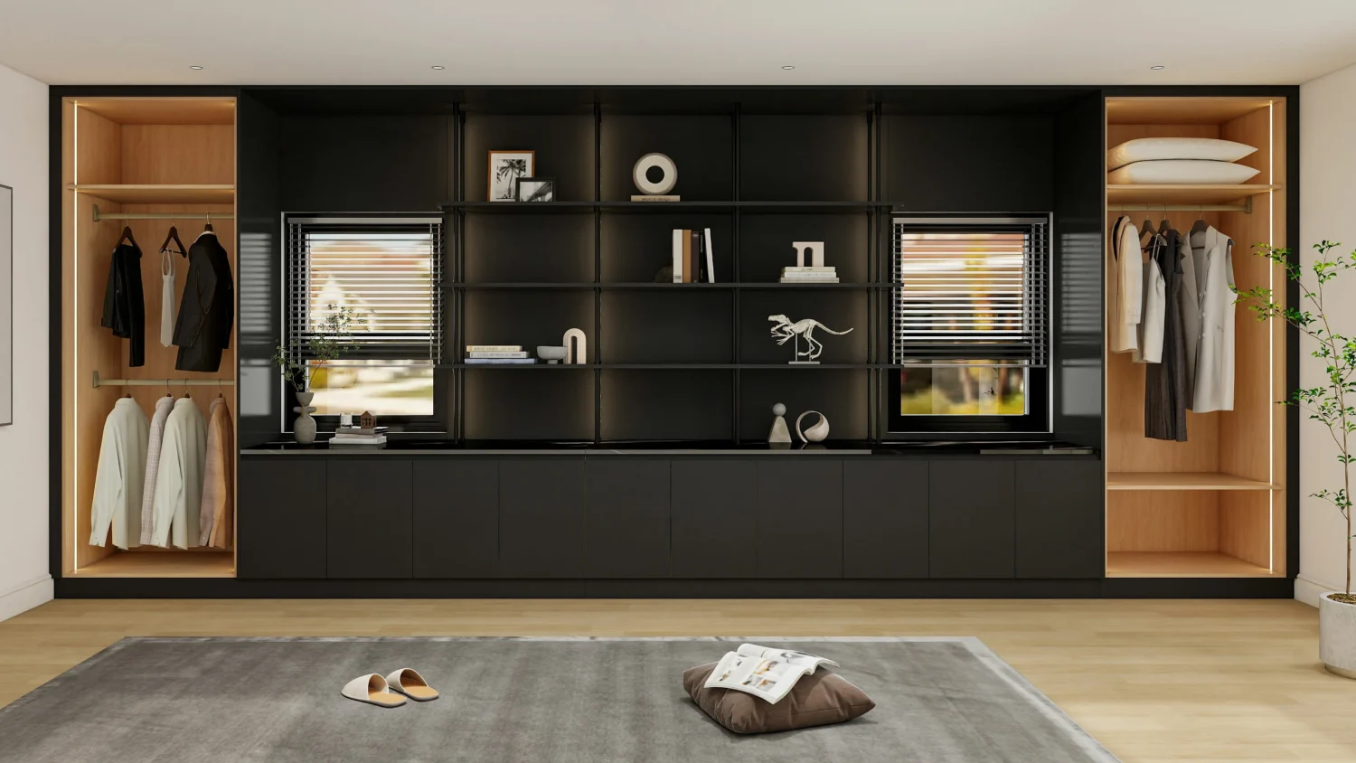 Smart wardrobe designs for bedroom with open lit sections, central shelves, and ambient LED accents.