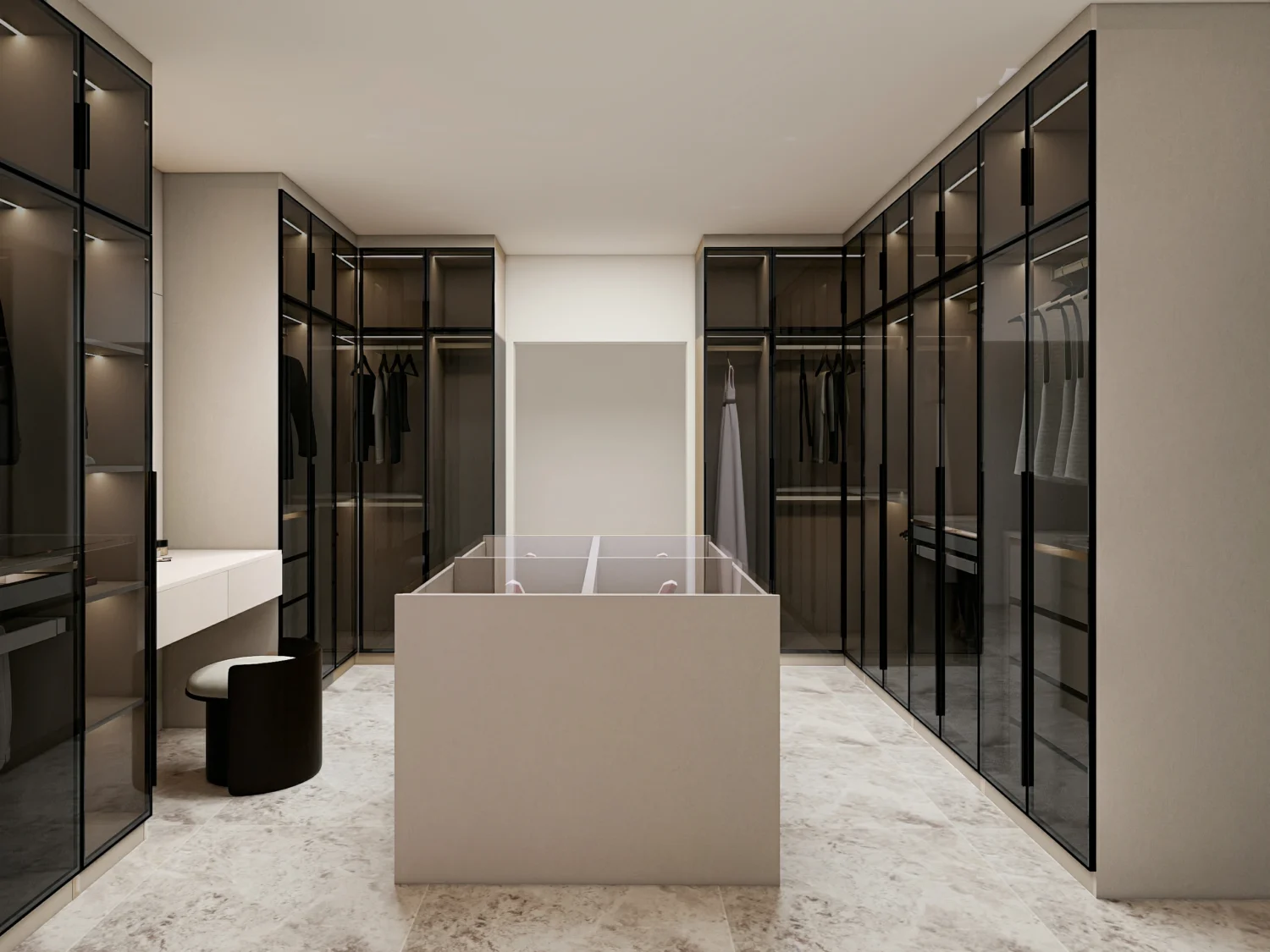 A luxurious walk-in closet designed for modern wardrobe needs.