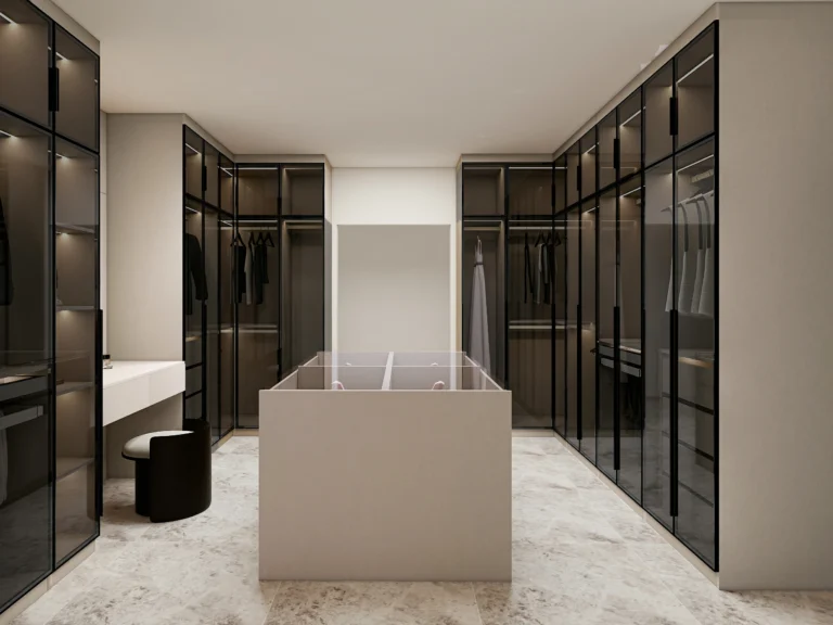 A luxurious walk-in closet designed for modern wardrobe needs.