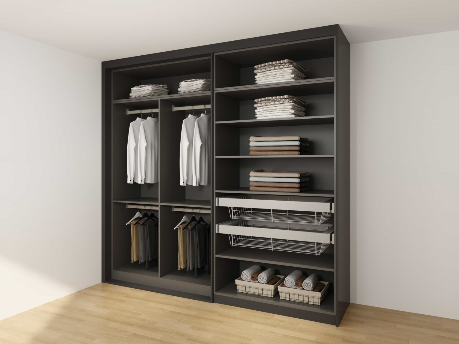 Freestanding wardrobe with shelves, hanging space, and pull-out storage for an organized bedroom.