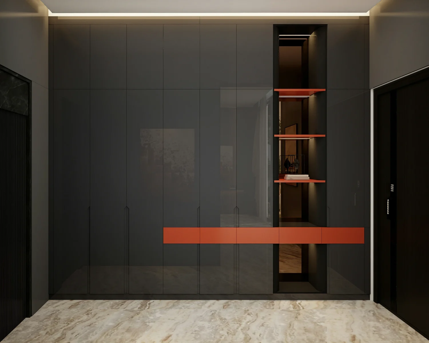 A black wardrobe armoire placed in an entryway, providing both storage and a stylish focal point.