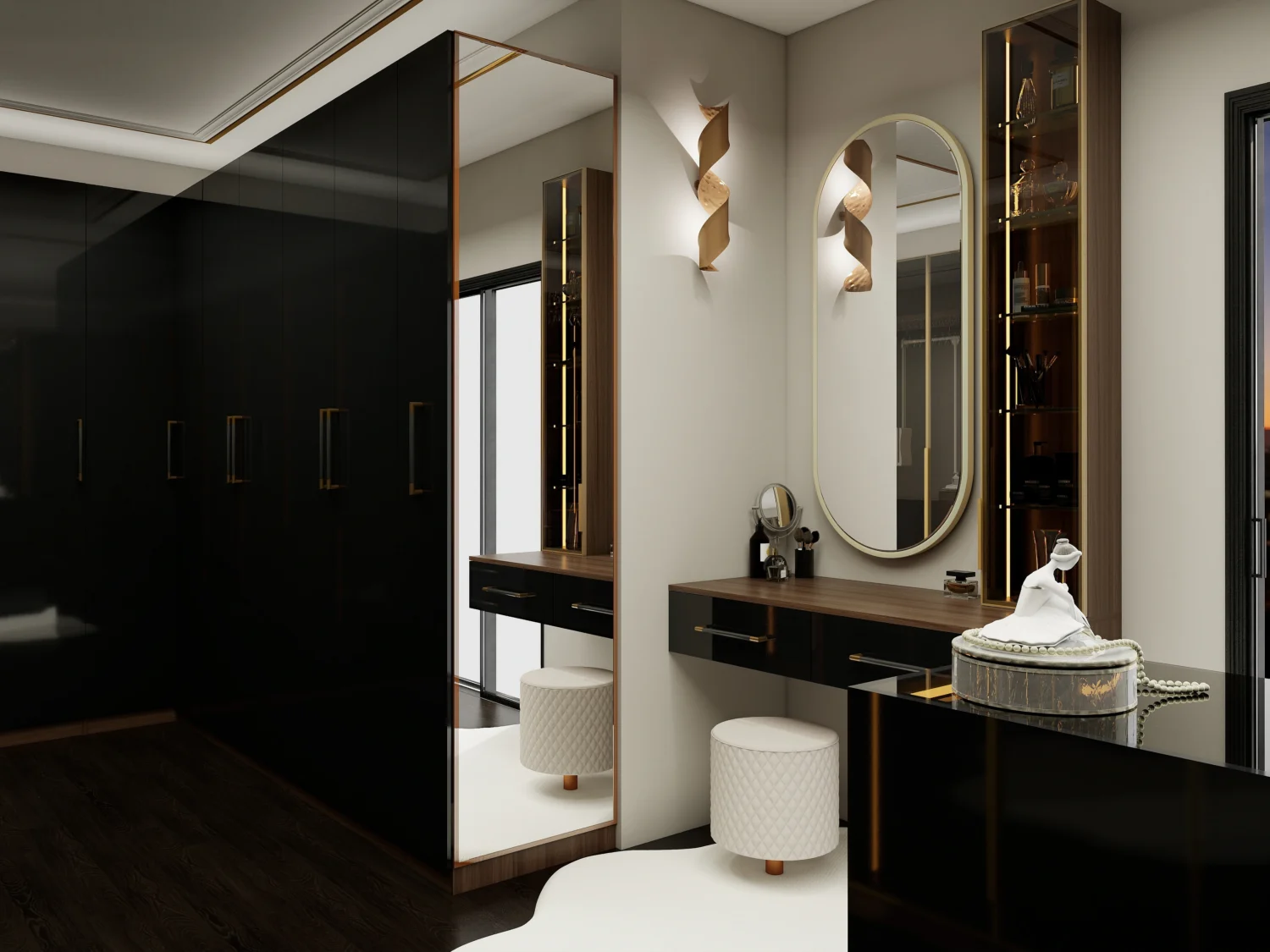 A black wardrobe adorned with an abstract painting and sculptural lamp, creating an artistic and personalized space.