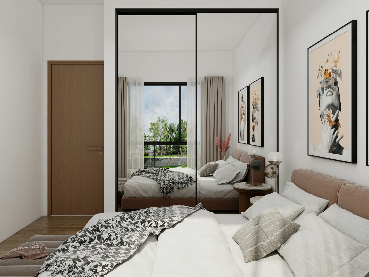 A black wardrobe featuring mirror panels on the doors, reflecting light and making the room feel larger.