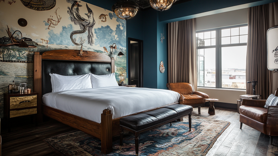 Boutique hotel room with bespoke furniture and local art, offering a personalized experience.