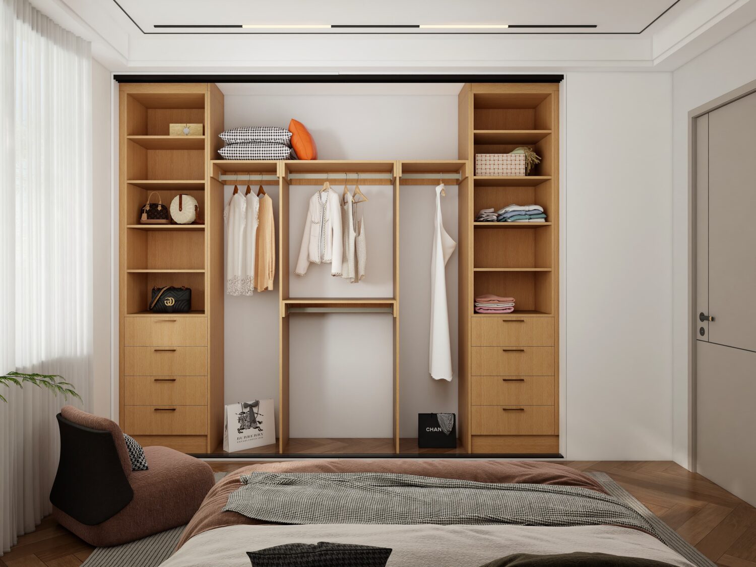 Modern built-in wardrobe with open shelving, hanging space, and custom drawers for organized storage.