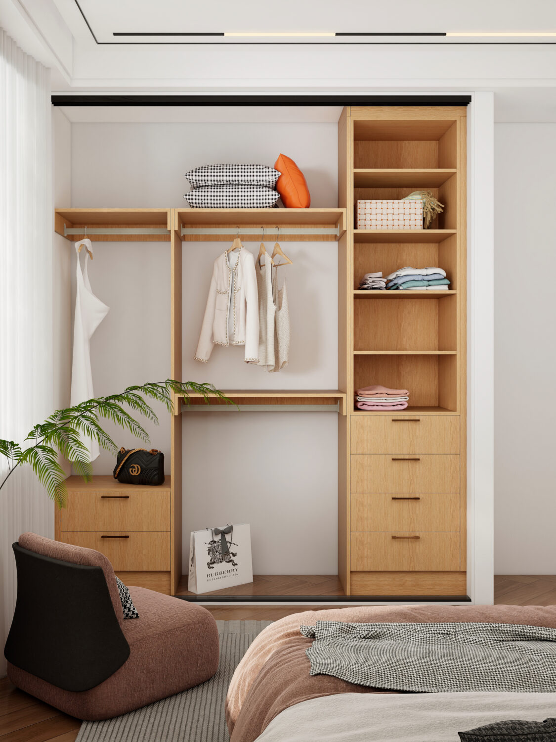 Modern built-in wardrobe with pull-out racks, shelves, and drawers for organized and accessible storage.