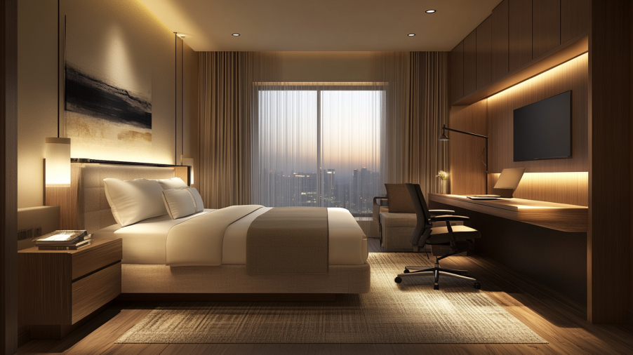 Hotel room designed for business travelers, featuring an ergonomic desk and ample lighting.