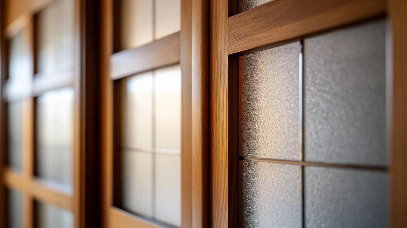Close-up of a French door closet with wooden frames and frosted glass panels.