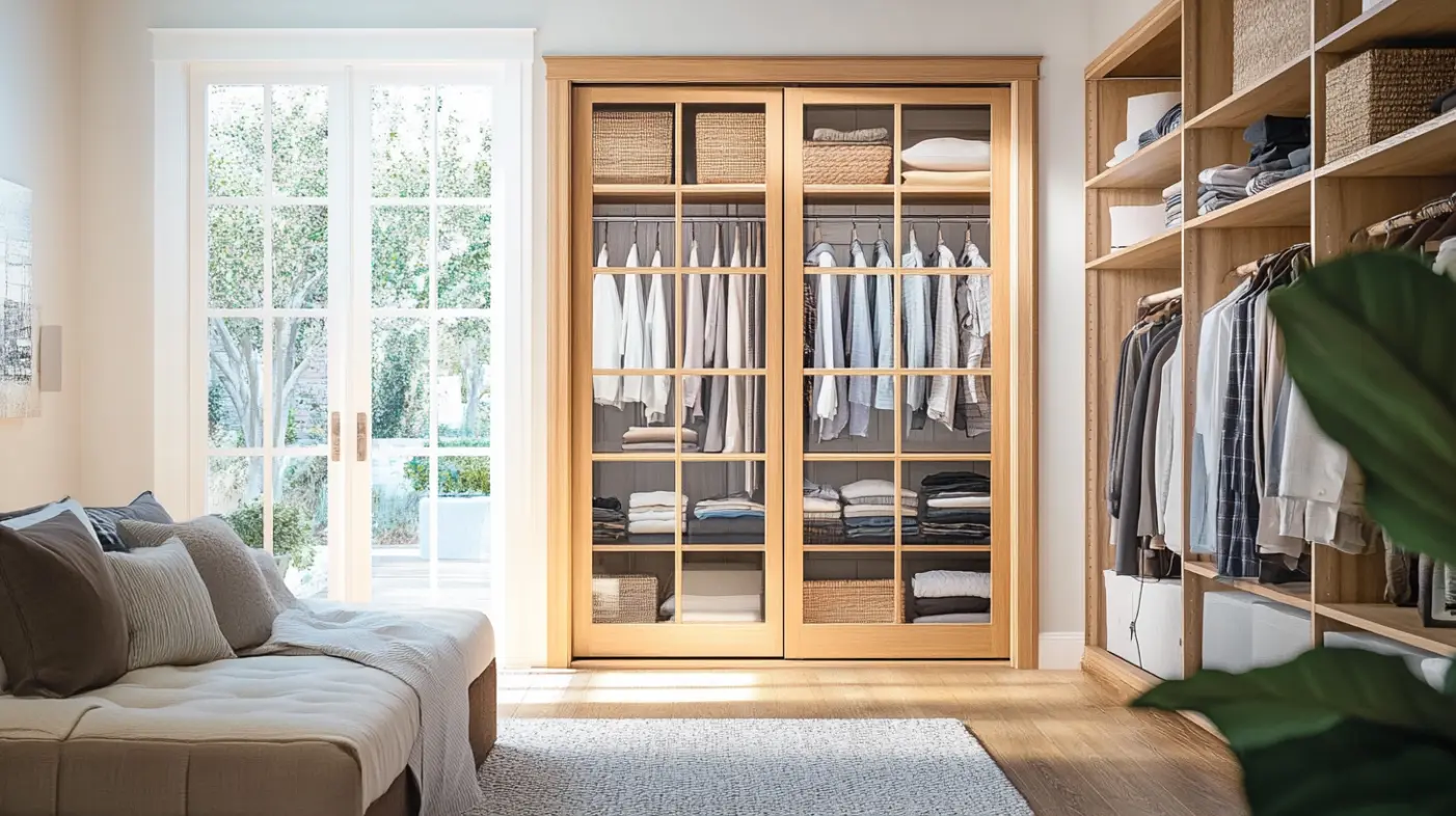 French door closet in a coastal-inspired bedroom with light wood frames and clear glass.