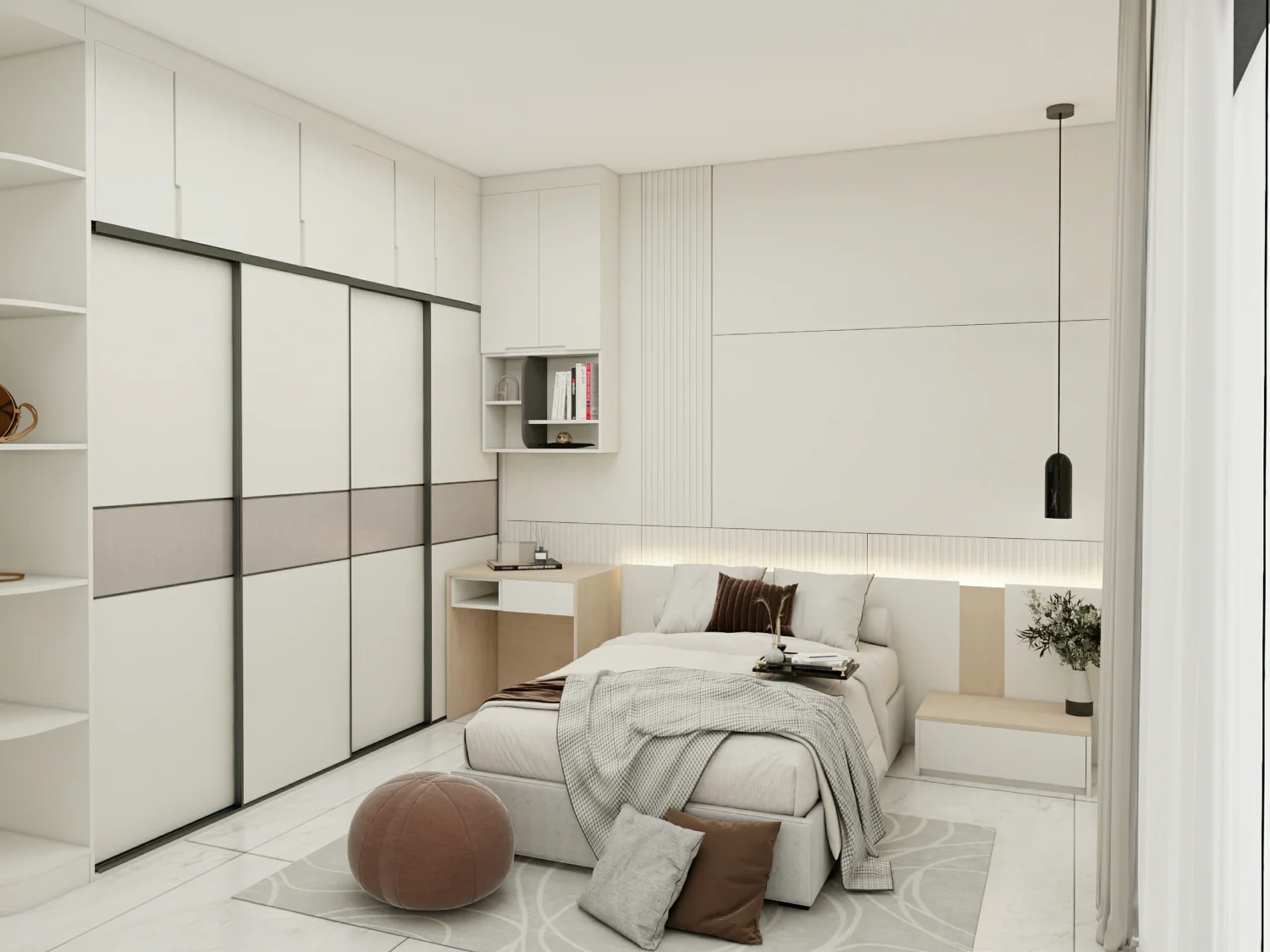 Custom sliding door wardrobe with personalized shelving and storage compartments.