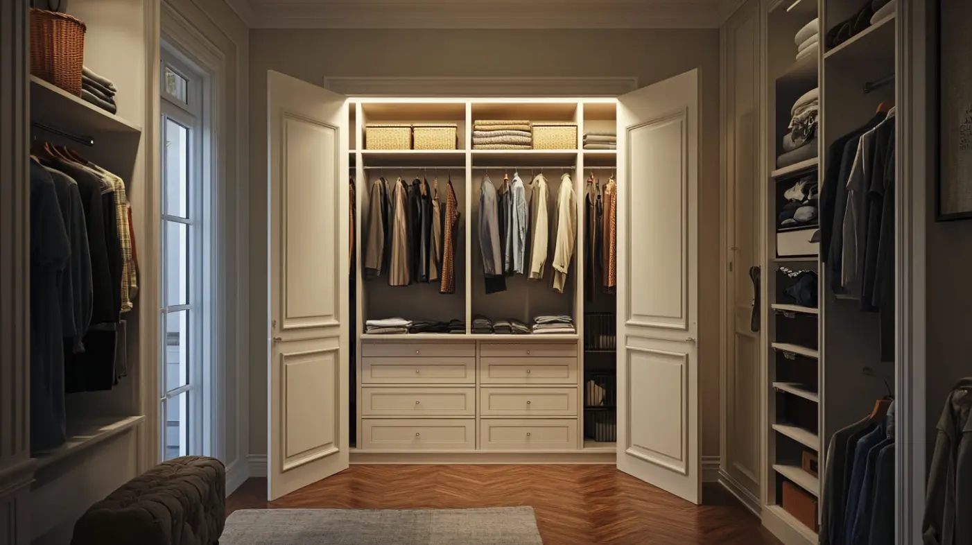 A small room with an open French door closet showcasing organized clothes and accessories.