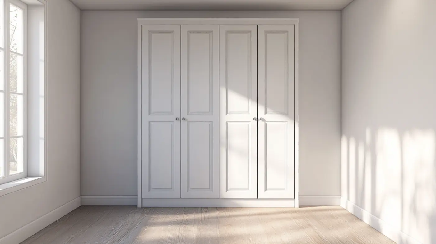 French door closet installed in a small room, demonstrating space-saving design.
