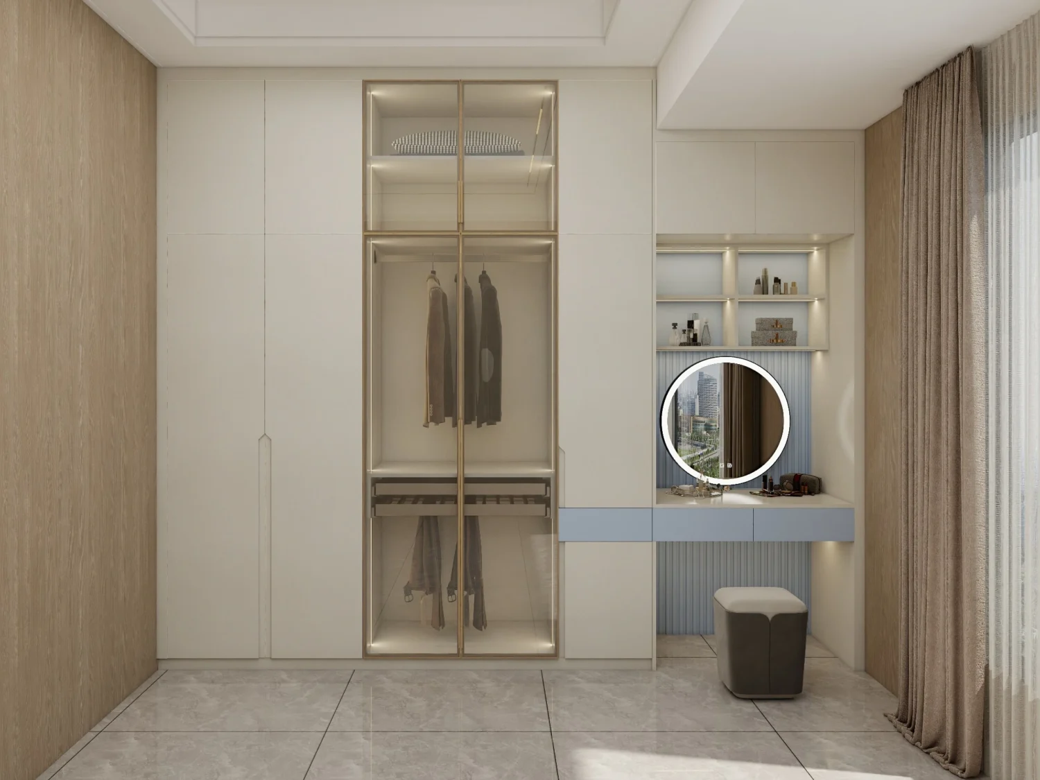 Bedroom wardrobe closet with glass doors, gold trim, integrated vanity and shelves, soft ambient lighting.