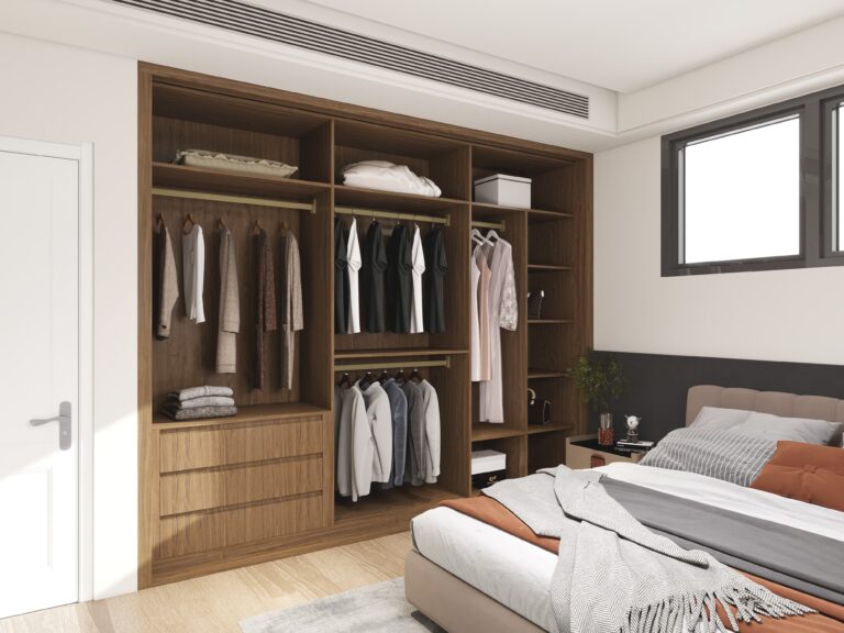 Wooden built-in wardrobe with hanging space, shelves, and drawers in a contemporary bedroom design.