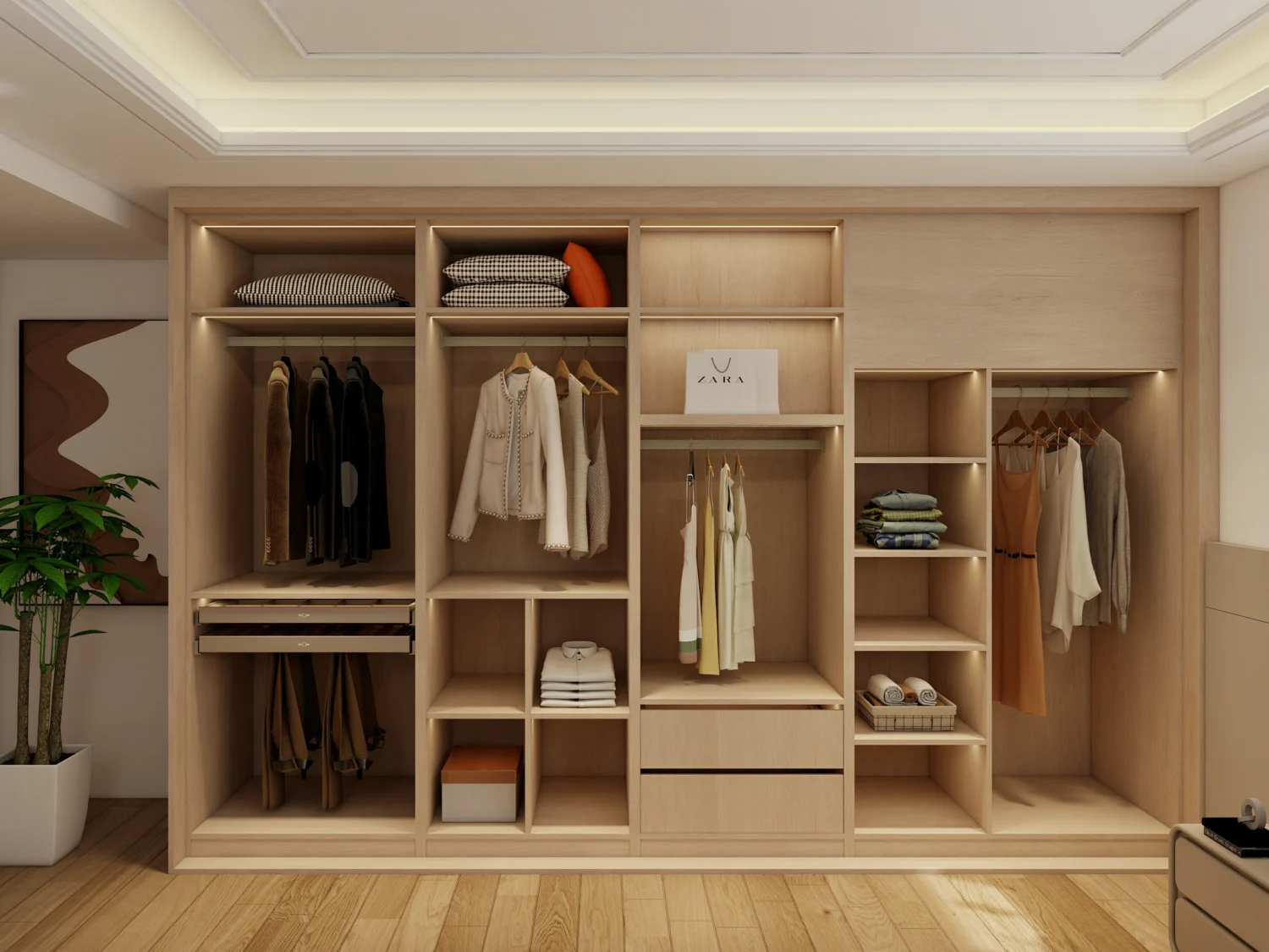 Organized open wardrobe design with shelves and hanging space for a streamlined look.