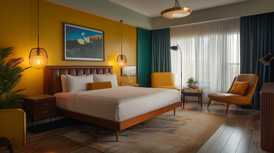 Hotel room blending retro vintage furniture with modern decor for a unique aesthetic.