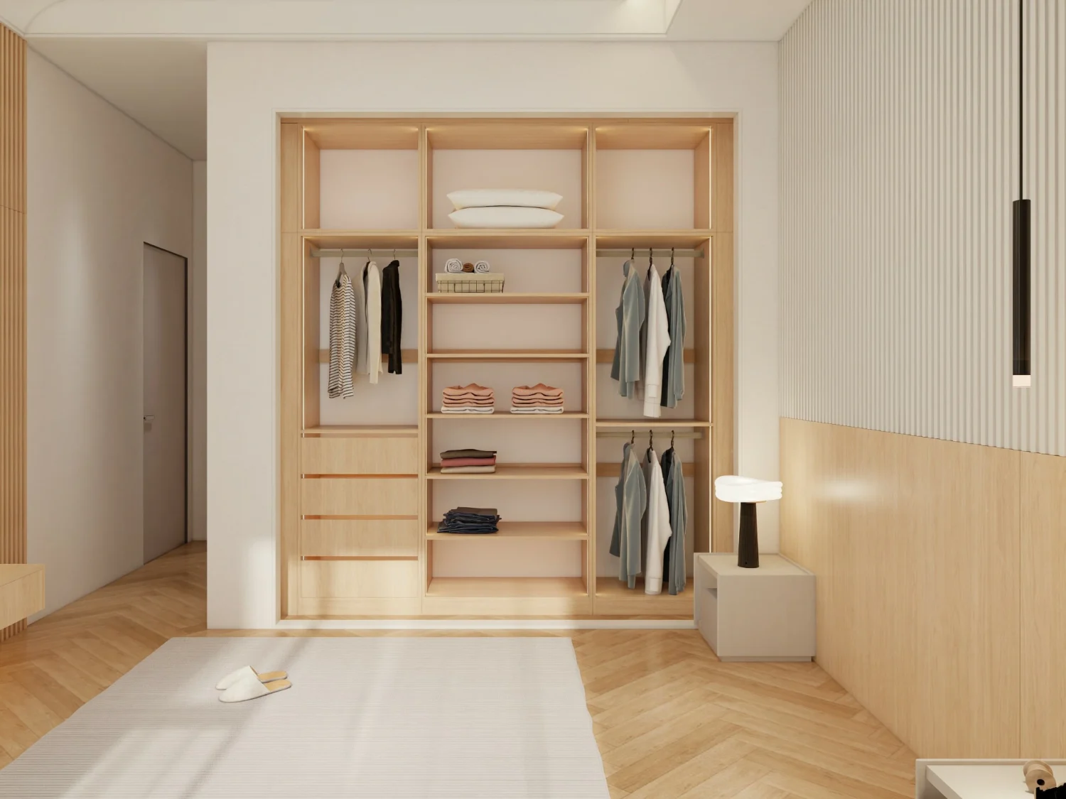 Sliding door wardrobe with built-in lighting and motion sensors for added convenience and modern functionality.