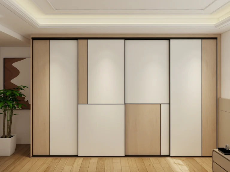Sliding wardrobe with contrasting wood panel design, perfect for contemporary spaces.