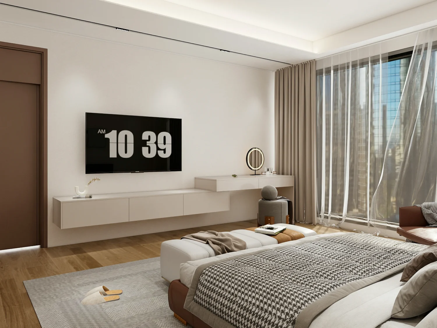 Smart hotel room with voice-controlled technology for lighting and temperature control.