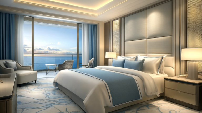 Luxury hotel room design ideas with plush bedding, a soaking tub, and scenic views for ultimate relaxation.