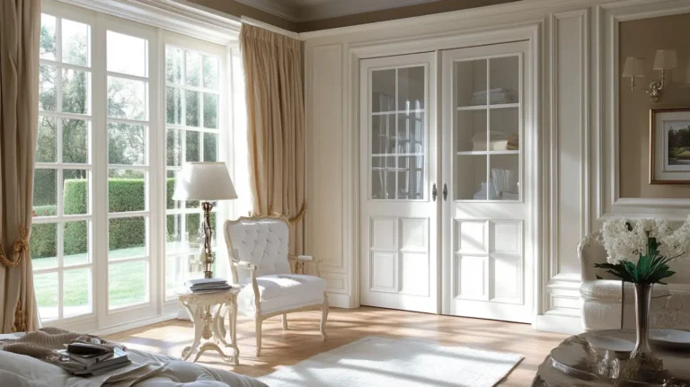 A white French door closet in a bedroom with a clear glass design.