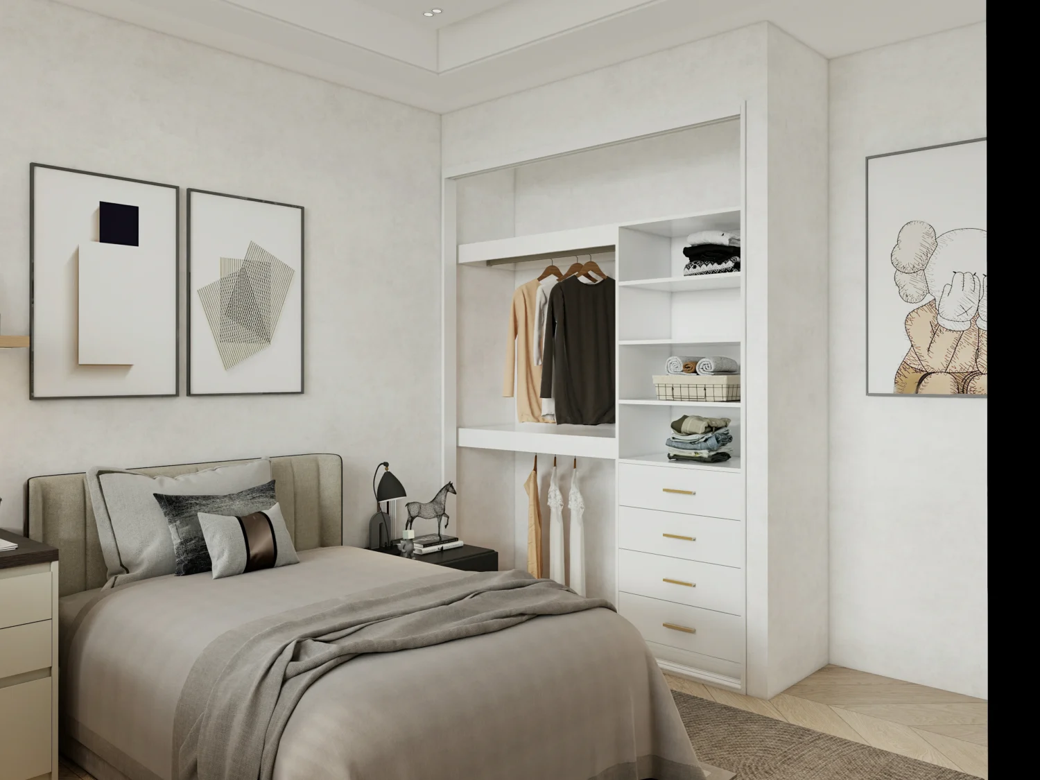 White wardrobe featuring built-in drawers, pull-out baskets, and organizers for efficient storage.