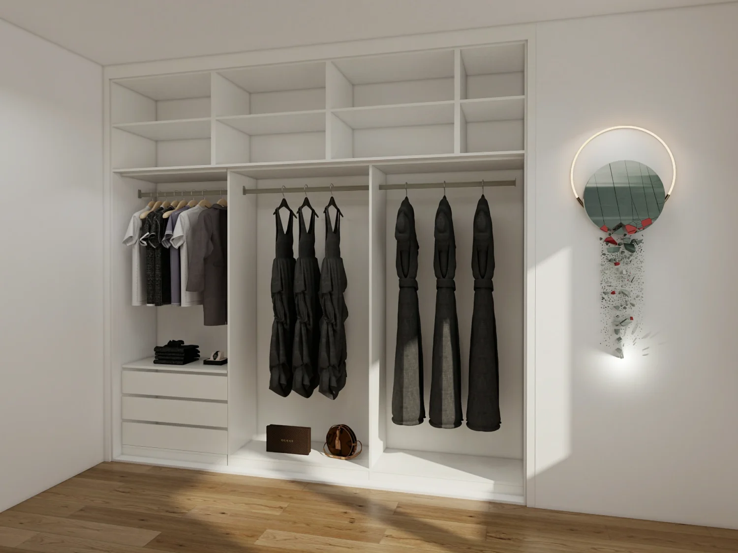 White wardrobe with concealed pull-out drawers and hidden compartments for a clutter-free design.