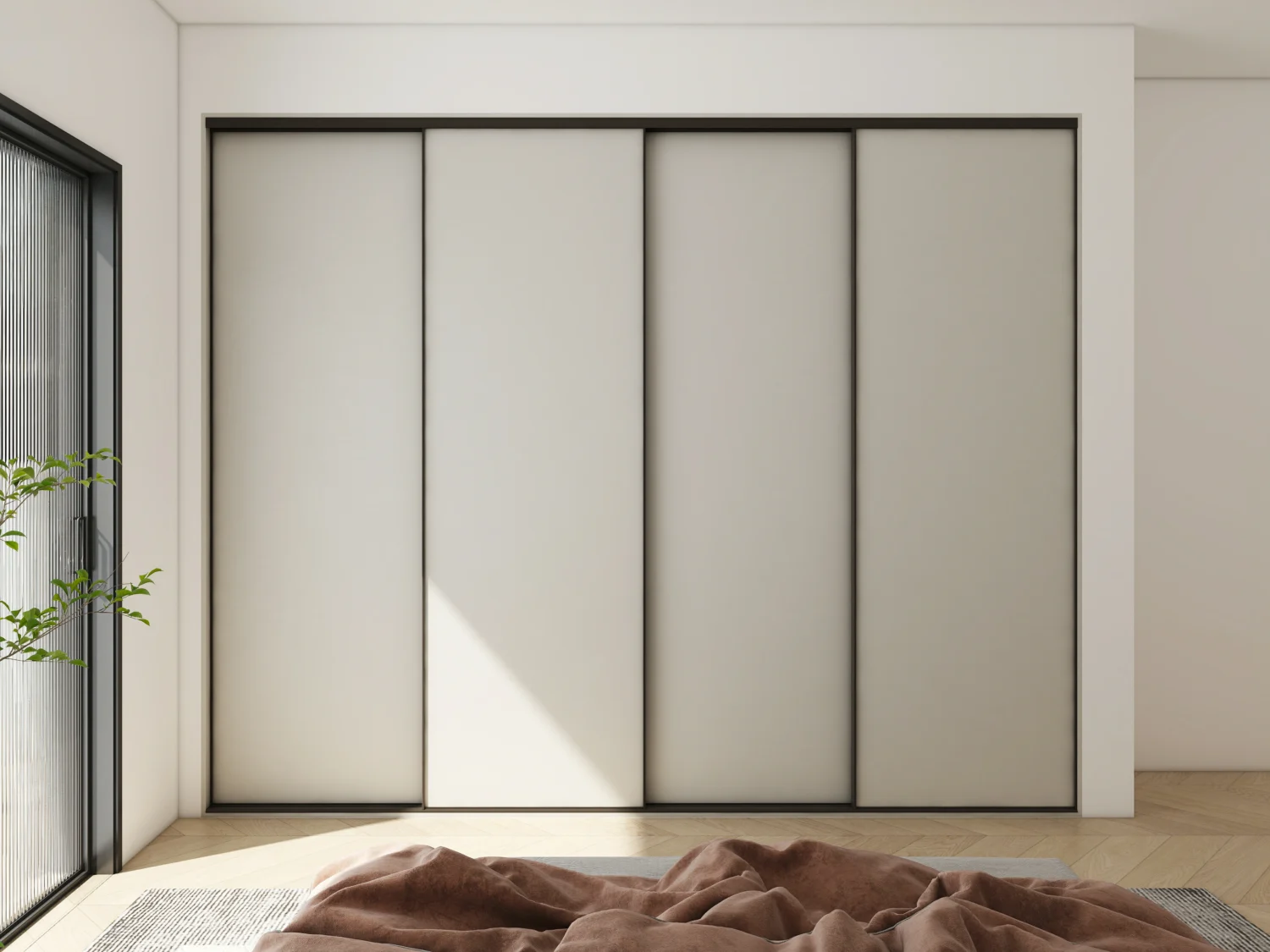 A minimalist white wardrobe design with sleek lines and no unnecessary decorations.