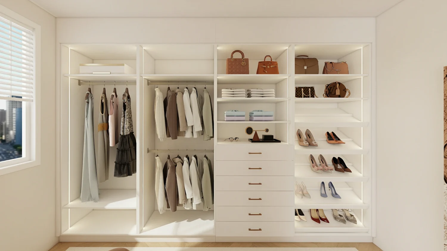 White wardrobe with modular shelves and compartments for customizable storage solutions.