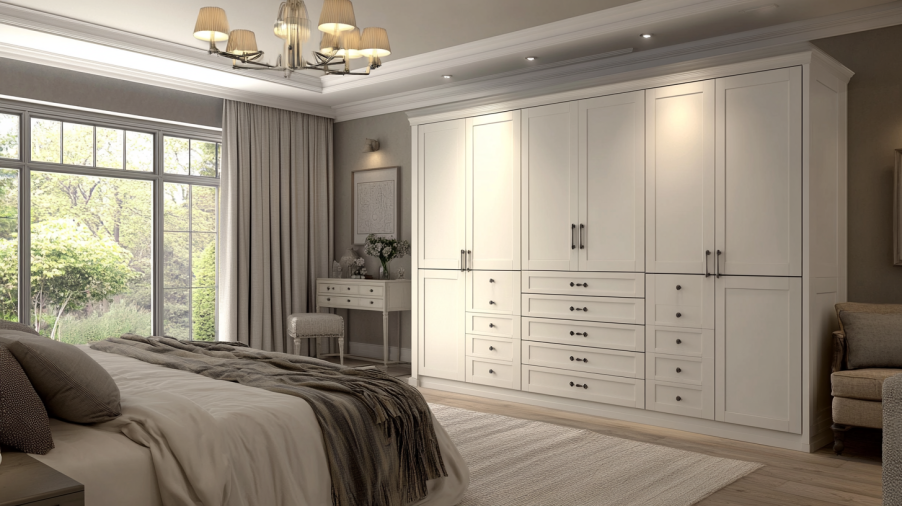 White wardrobe with rustic charm, distressed finishes, and vintage wrought iron handles.