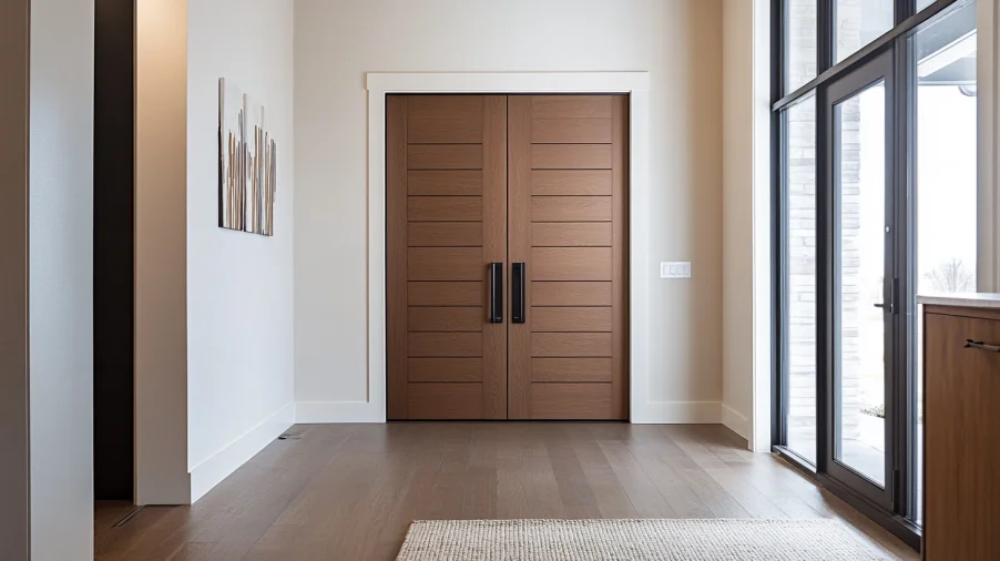 sleek wooden double doors with black handles in a modern home entryway.