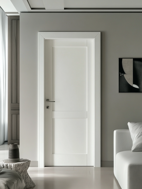 Modern white interior door in a minimalist room with soft light gray walls.