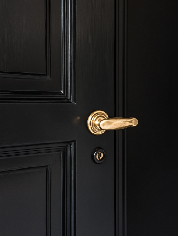 Close-up of black interior door with golden handle showcasing luxury hardware design