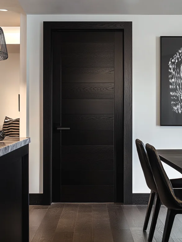 black modern interior door style with horizontal grain design in dining and living space