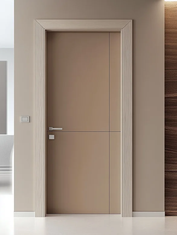 beige modern interior door design with silver handle and subtle frame in neutral room