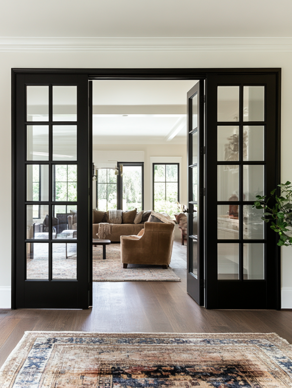 Black French doors interior design opening to a bright living room with natural light