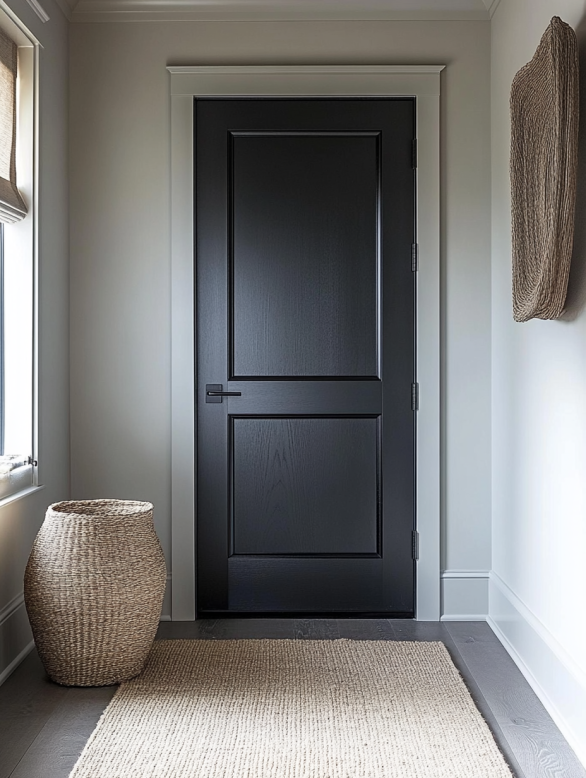Black interior door in a minimalist space with neutral tones and natural light.